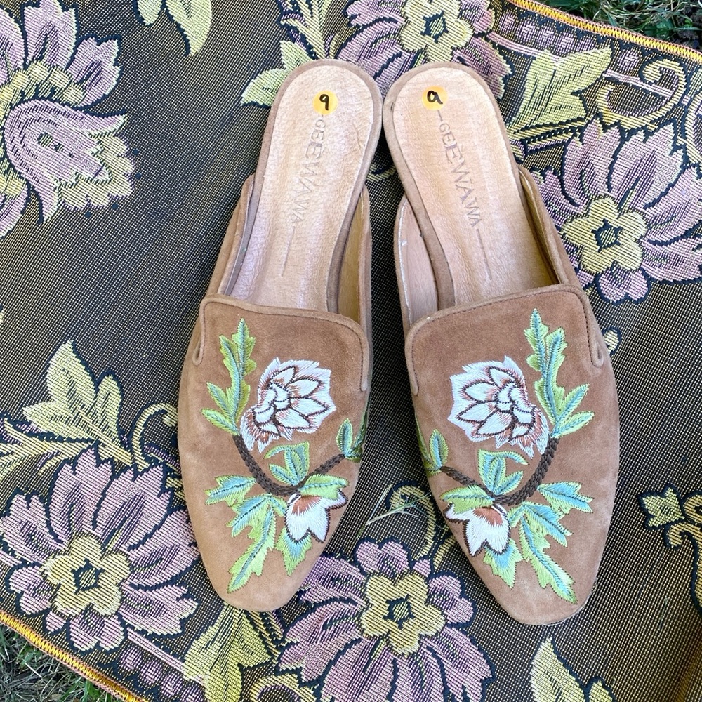 Tan Suede Embroidered Loafer Slides | Boho Floral Slip-On Shoes | Size 40 US 8.5